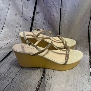 Sacha London Beige Suede Rhinestone Strap Yellow Cream Platform Wedge Sandals 10